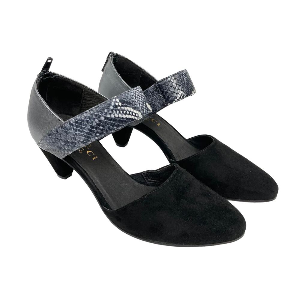 Sesto | Meucci Breanne Black Suede Leather Snake Print Strap Pumps
